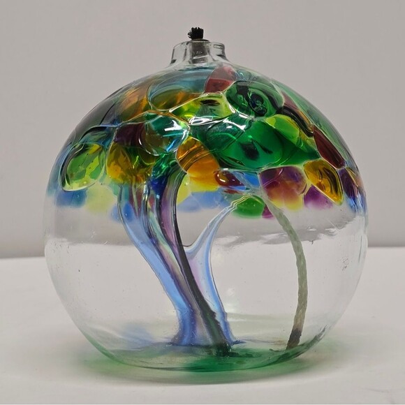 Hand Blown Art Glass Multicolor Ball Oil Lamp Family Tree - Picture 1 of 9